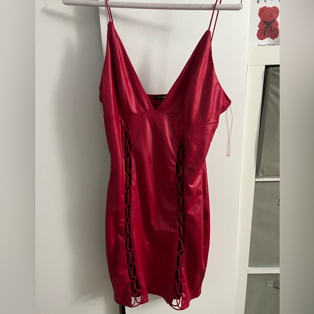 Red faux leather fashion nov dress